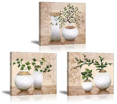 PIY Painting Wasserdichte Bilder Leinwandbild Fotoleinwand Grün Pflanze Blumen Wandbild Kunstdrucke auf Leinwand Ölgemälde Malerei Home Deko für Wohnzimmer Schlafzimmer Flur Wand 30x30 cm 3 teilig