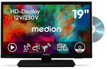 MEDION 47 cm (19 Zoll) HD Fernseher mit DVD-Player (perfekt für Camping Wohnmobil LKW Garten, 12V KFZ Car-Adapter, Triple Tuner Receiver, HDMI, USB, MD 819001)