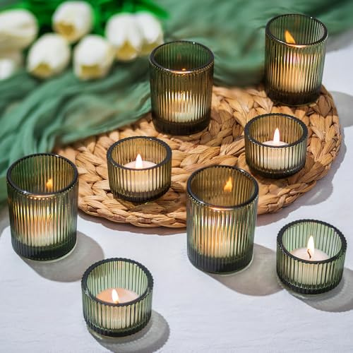 Glasseam Teelichtgläser Grün Teelichthalter Glas: 8er Set Teelichtglas Gerippt Teelicht Gläser für Tischdeko Klein Kerzengläser Votivkerzenhalter für Tisch Weihnachten Hochzeit Deko
