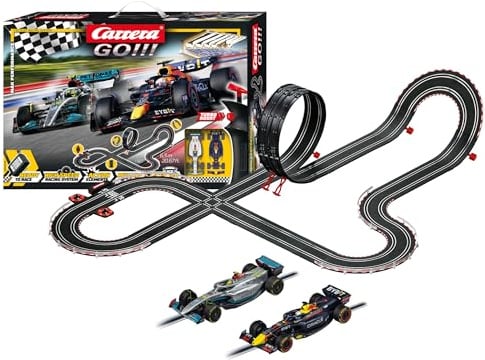 Carrera Go!!! Max Performance | Formel 1 Rennbahn-Set |Max Verstappen vs Louis Hamilton |2 Slotcars inkl. 2 Handregler mit Turbo-Knopf | inkl. Looping, Kreuzung, Fly-Over und Rundenzähler |