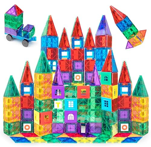 Playmags Magnetische Bausteine - 100 Stück Super Set: Mit stärksten Magneten garantiert, robust, super haltbar mit lebendigen klaren Farbe Fliesen. 18-teiliges Clickins-Zubehör