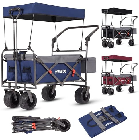 Arebos Bollerwagen mit Dach Blau | faltbar | XXL-Tasche | bis 100 kg | faltbarer Bollerwagen, Transportwagen, Handwagen, Gartenwagen, klappbarer Bollerwagen, Strandwagen