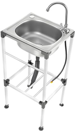 POTYYH Edelstahl Spültisch, Freistehendes Einzelbecken Spülbecken Waschbecken Edelstahlspüle mit 360 ° drehbarer Wasserhahn für Bars, Restaurants, Küchen, 38x33x83cm