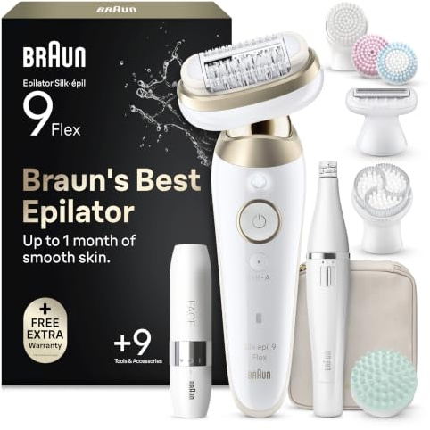 Braun Epilierer Damen Silk-épil 9 Flex, Ladyshaver, 9-681 3D, Weiß/Gold All-in-One Set, Haarentferner für Langanhaltende Haarentfernung, Gesichtshaarentferner, Wasserdicht, Made in Germany
