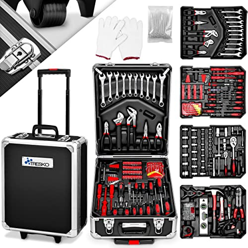 TRESKO Werkzeugkoffer 1400 teilig | Werkzeugkasten | Werkzeugkiste | Werkzeugtasche | Werkzeug Set | Werkzeug-Trolley | Chrom-Vanadium Stahl (Schwarz)