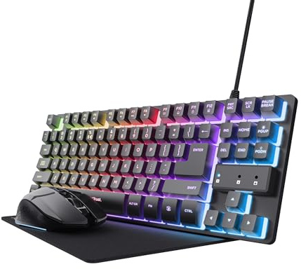 GXTrust Set Gaming TKL Tastatur QWERTZ DE Layout mit Funkmaus und Mauspad | 3-in-1 LED Gaming Paket, Wiederaufladbare Kabellose Maus 80 Stunden Akkulaufzeit, Kompakte USB Tastatur PC, Schwarz