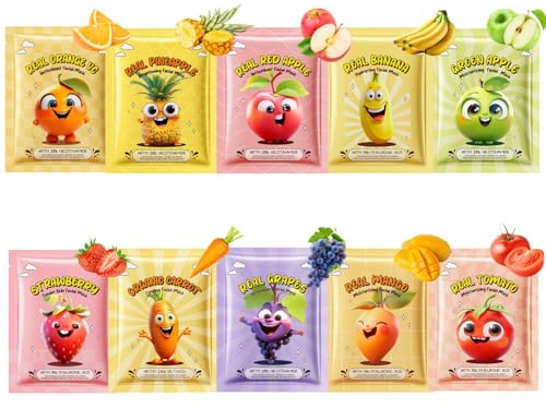10 Stück Tuchmasken Gesicht, Feuchtigkeit Gesichtsmasken Set mit Fruchtextrakt, Beruhigend Masken Beauty Set für Teenager Mädchen & Frauen, Multifunktions Skincare Geschenkset, maske für Party Spa