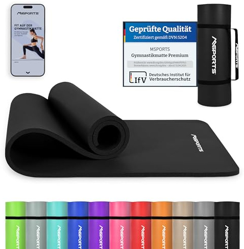 MSPORTS Gymnastikmatte Premium inkl. Tragegurt + Übungsposter + Workout App I Hautfreundliche Fitnessmatte 190 x 80 x 1,5 cm - Schwarz-Matt - Phthalatfreie Yogamatte