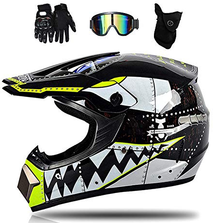MRDEAR Schwarzer Hai - Motocross Helm Set mit Brille Handschuhe Maske, Motorrad Crosshelm Kinder Junge Fullface Cross Off Road Helm Motorradhelm Kit für ATV Downhill MTB, 4 Stück,L