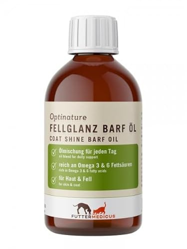 Futtermedicus Optinature Fellglanz Barf Öl | 250 ml | Ergänzungsfuttermittel für Hunde und Katzen | Zur Unterstützung der Haut- und Fellfunktion | Mit einem Plus an Vitamin E