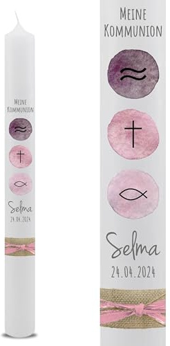 VILLA ROSA LOTTA – Personalisierbare Kommunionkerze Taufkerze „Selma“ mit Wunschdaten und Rückseite | christliche Symbole | 40 cm x 4 cm | für Jungen und Mädchen | Altarkerze elfenbein
