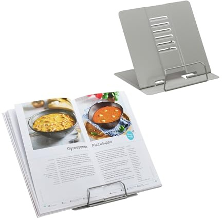 Relaxdays Buchständer, 2er Set, Leseständer 6-Fach höhenverstellbar, Kochbuchhalter mit Klemme, Küche, Stahl, grau