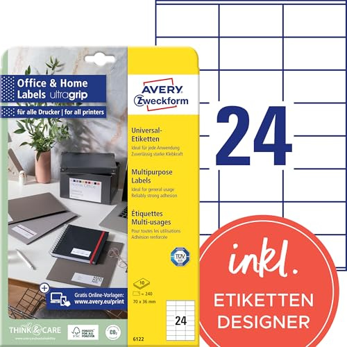 AVERY Zweckform 6122 Adressaufkleber (240 Klebeetiketten, 70x36 mm auf A4, bedruckbare Absenderetiketten, selbstklebende Adressetiketten mit ultragrip, ideal fürs HomeOffice) 10 Blatt, weiß