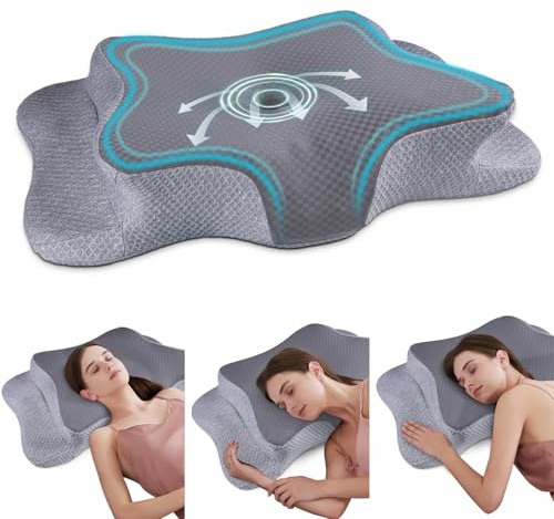 CHxxy Kissen, höhenverstellbar, hochwertiges ergonomisches Memoryschaum-Nackenkissen, Schmetterlingskissen für Rücken-, Seiten- und Bauchschlaf, kühlende maschinenwaschbare Kissenhülle,Vollgrau