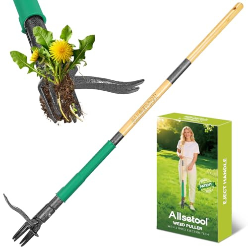 Allsetool Unkrautstecher mit 2 Auswurffunktionen, 111cm Stiel Unkraut Entferner Gerät, Robuster Garten Löwenzahnstecher, Echtem Bambusgriff, 4 Metallkrallen und Antihaft-Fußpedal
