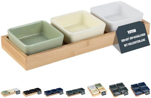 VETIN Keramik Dipschalen Set mit Holzbrett, Snackteller für Snacks (Farbmischung 3er Set)