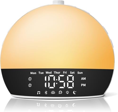 Risop Tageslichtwecker mit Weißes Rauschen, Wake Up Light Lichtwecker mit Sonnenaufgangs-Simulation,3 Arten von Weckton & 25 Naturklänge Dual Alarm, Nachttischlampe für Tiefschläfer Erwachsene