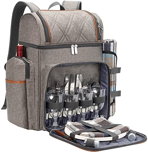 Picknick-Rucksack für 4 Personen, Picknickkorb-Set, auslaufsichere Picknicktasche, Strandkühlrucksack mit isolierter Kühltasche, Picknickdecke, Camping, Park