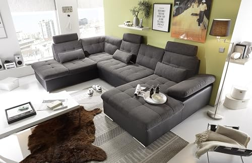JAKARTA Wohnlandschaft in U-Form in Lederoptik, Dunkelgrau / Anthrazit - Ausziehbares Sofa mit Schlaffunktion & Bettkasten - 324 x 107 x 170 (218) cm (B/H/T)