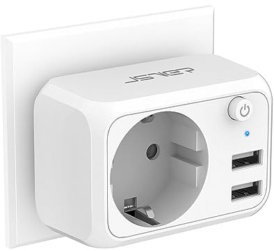 JSVER USB Steckdose 4000W mit 2 USB Anschluss,Steckdosenadapter USB Adapter Steckdose Schuko Stecker mit USB Ladegerät, Ladestecker USB mit Schalter für Phone und Haushaltsgeräte-Weiß