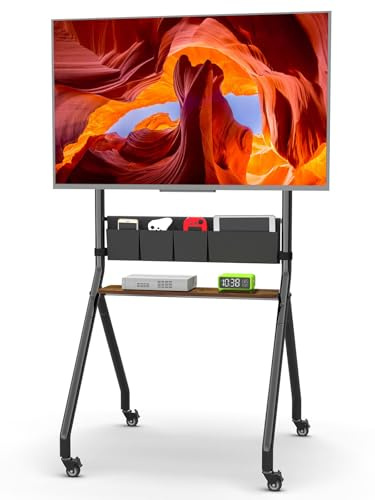 Rollbarer TV-Ständer mit Aufbewahrungstaschen,stoßfest,ästhetisches Design,mobiler TV-Wagen für 32-75 Zoll LCD/LED/OLED Flach-/Curved-Bildschirme,Tragkraft bis zu 100 kg,höhenverstellbar mit Rollen