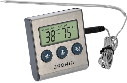 Browin 185609 Lebensmittel-Thermometer mit Sonde aus rostfreiem | für Fleisch, ​Stahl - 1,5 m | von 0 bis 250°C | Timer, Alarm, elektronische Anzeige, Thermometer für Fleisch
