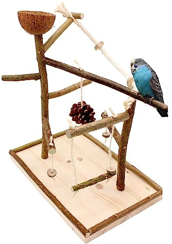 Vogelgaleria® Luxus Vogelspielplatz aus Natur Holz mit Abnehmbarer Futterschale | Ideales Spielzeug bei Freiflug für Wellensittich Nymphensittich | Vogelspielzeug
