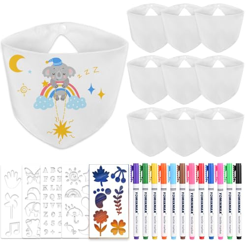 Faburo Baby Lätzchen zum Bemalen, 10 Stück Baby Lätzchen Dreieckstuch Baby Weiß Sabberlätzchen Lätzchen Doppelseitig lätzchen Baumwolle mit 5 Schablonen 12 Bunten Textilstiften für Babyparty