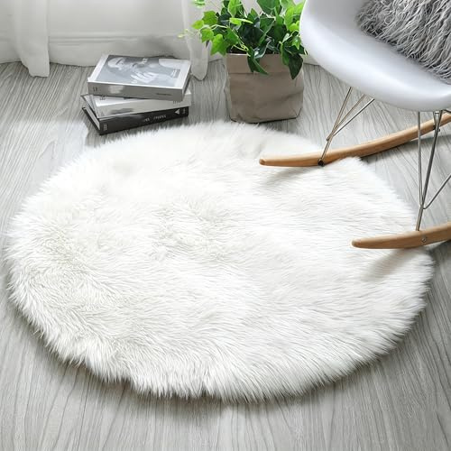HARESLE Weiß Runder Kunstfell 100cm Flauschiger Teppiche für Kinderzimmer | Flauschig, Hochflor 6 cm, Kunstwildleder, für Wohnzimmer, Schlafzimmer, Babyzimmer