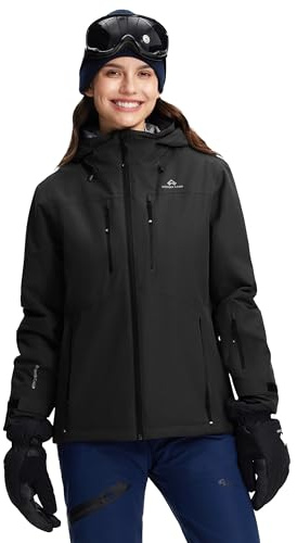 Pioneer Camp Skijacke Damen Wasserdicht Warm mit Abnehmbarer Schneefang Outdoorjacke für Wintersport(Black;L)