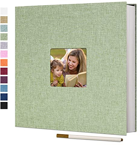 Vienrose Selbstklebendes Fotoalbum, 40 Seiten, 28x27 cm, Grasgrün | Fotoalbum zum Einkleben und Selbstgestalten, Groß Leinen Photoalbum, Metallstift, Hochzeit Jahrestag Reise Geburtstag