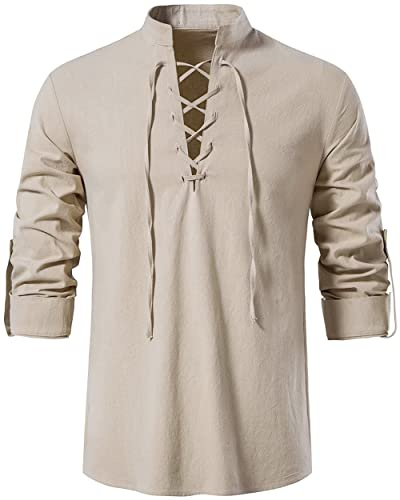 LUYANA Herren Mittelalter Wikinger Hemden Langarm Leinenhemd | Herren-Kostüm mit Schnürung, Mittelalterliches Schottisch Jacobit Shirt, Stehkragen Freizeithemd Vintage Schnürhemd