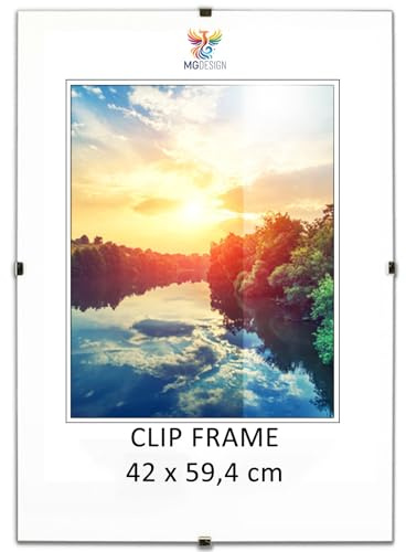 MG Design Cliprahmen A2 42 x 59,4 cm – rahmenloser Bilderrahmen mit Acrylglas & HDF Rückwand – für Fotos, Poster & Puzzle, vertikal & horizontal