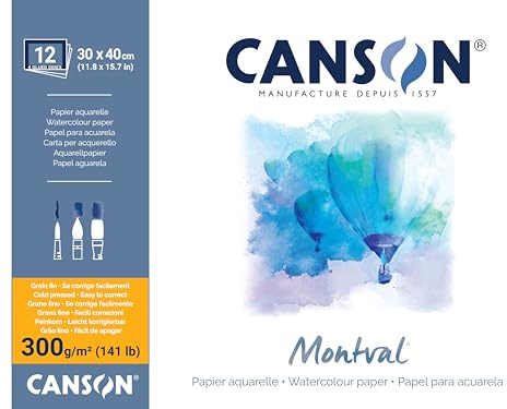 CANSON Montval, Aquarellpapier, fein, 300 g/m², rundum geleimter Block, 30 x 40 cm, Weiß, 12 Blatt