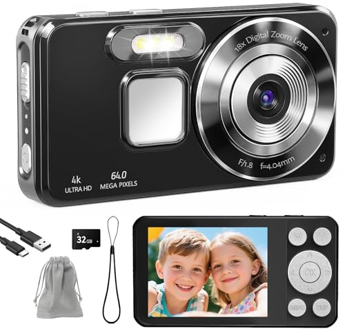HERBYD Digitalkamera 4K Fotokamera 64MP Kamera Fotoapparat Tragbare Kompaktkamera mit 2,8 LCD Bildschirm, 18X Digitalzoom, 32GB SD Karte, 1 Schlüsselband für Kinder Teenager Anfänger (Schwarz)