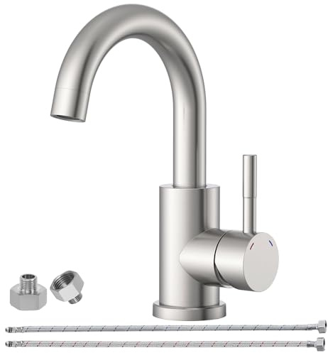 BATHLAVISH Wasserhahn Bad Gebürstet Nickel, Wasserhahn Küche Edelstahl, 360° Drehbar Waschtischarmatur Hoch, Einhebelmischer Waschbecken für Badezimmer/Küche, Auslaufhöhe 155 mm