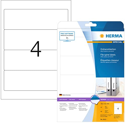 HERMA 8621 Ordnerrücken Etiketten kurz breit, 10 Blatt, 192 x 61 mm, 4 pro A4 Bogen, 40 Stück, selbstklebend, bedruckbar, blickdicht, blanko Papier Ordneretiketten Rückenschilder Aufkleber, weiß