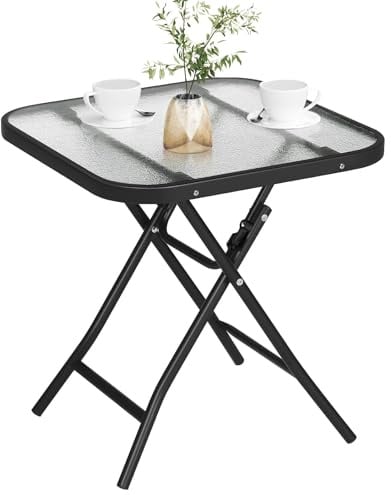 eSituro Klapptisch,Balkontisch,46x46x48 cm, Schwarz+transparent | Beistelltisch klappbar,Gartentisch Bistrotisch, mit Metallrahmen, rechteckige Tischplatte aus gehärtetem Glas