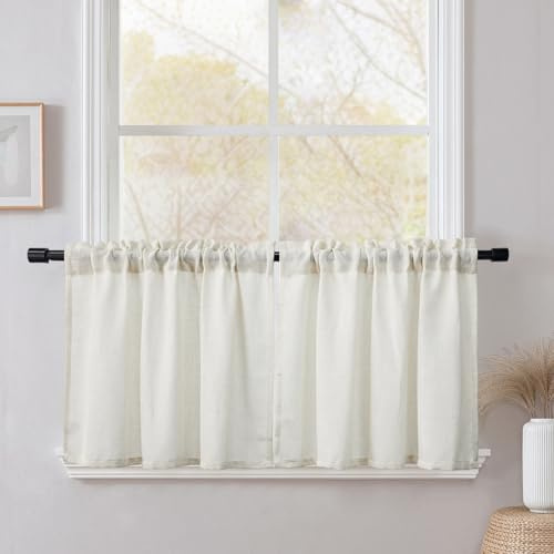 CUCRAF Scheibengardine Küchengardinen Bistrogardine 2er Set Natur Leinen H 50 x B 90 Hellbeige Halb Transparent Stores Gardinen Fenster Leinenvorhang Gardinenschal