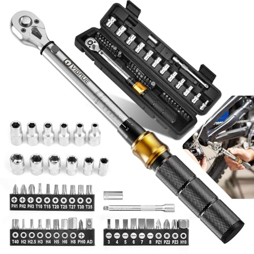 Drehmomentschlüssel Fahrrad,VIGRUE 1/4 Zoll Drehmomentschlüssel 5-25 Nm ±4% Fehlergenauigkeit mit Verlängerungsstange, Universalgelenk, Magnetische Zündkerzenhülse, Bits für Fahrrad und Motorrad
