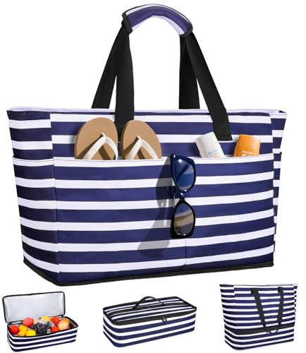 ISEYOU Strandtasche XXL Familie mit Kühltasche, Groß Strandtasche mit Reißverschluss Wasserdicht Sanddicht, Handtasche Damen 49L, Faltbar Badetasche für Urlaub Reisen Fitnessstudio Picknick