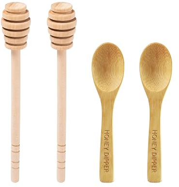 DESIOLE 4Pcs Wooden Honey dipper Sticks, 16cm Honey Comb Stick | Mini-Honigrührlöffel für Honiggläser, Dosierer, Honig, Hochzeit, Party