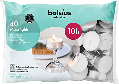 Bolsius 40 Stück Maxi Teelichter, Weiß, 10 Stunden Brenndauer, Klassisch, Ohne Duft