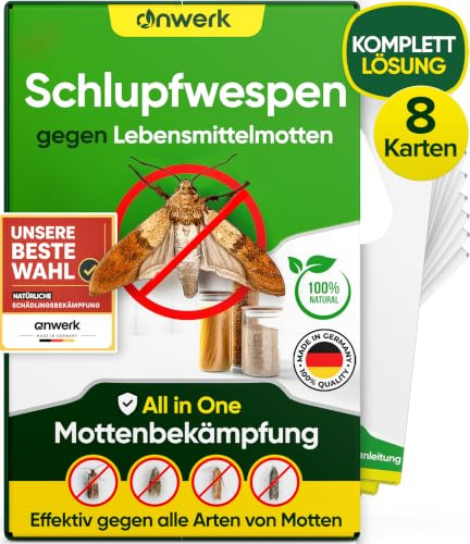 anwerk® Schlupfwespen gegen Lebensmittelmotten - 8 Karten (2 Karten à 4 Lieferungen) - Effektiv Lebensmittel Motten bekämpfen - Alternative zur Mottenfalle, Mottenspray, Pheromonfalle