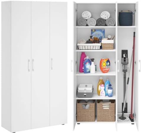 Bellamio Apol Besenschrank 90 cm breit, Weiß, Staubsaugerfach, Stauraum | Mehrzweckschrank, Putzschrank, Vorratsschrank Küche, Aktenschrank Holz, Flurschrank, Aufbewahrungsschrank, Haushaltsschrank