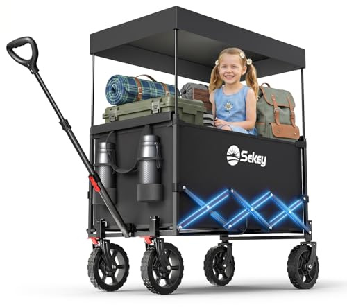 Sekey XXL Bollerwagen Faltbar Kinder 150L 150KG, Faltbarer Bollerwagen mit Dach Klappbarer Handwagen mit Sonnenschutz für Ausflug Strand Camping, S4018, Schwarz