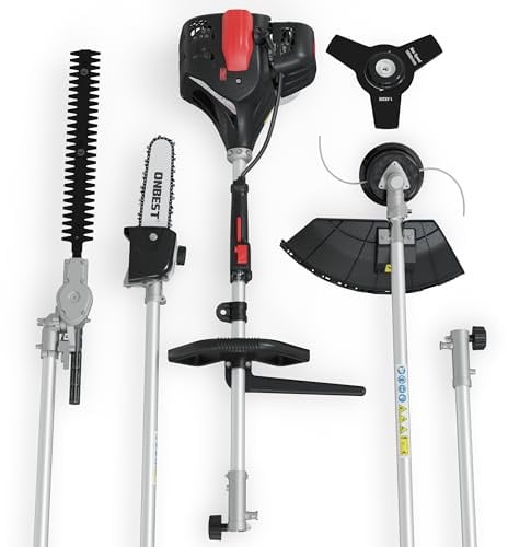 ONBEST 4in1 Benzin Multifunktionsgerät 1,9 PS – Freischneider | Rasentrimmer, Heckenschere und Hochentaster mit 1,4 kW, Verlängerungsstange und ergonomischem Tragegurt