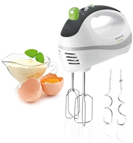 Taurus Handmixer | elektrisch | 300 W | 5 Geschwindigkeitsstufen | Turbofunktion | 2 verschiedene Aufsätze | Knethaken und Rühraufsätze abnehmbar | spülmaschinengeeignet | BPA-frei | Edelstahl | weiß