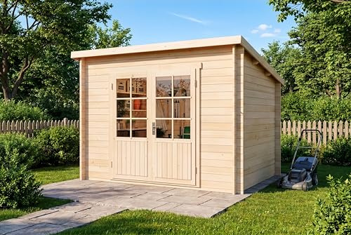 Alpholz Gartenhaus Maria aus Massiv-Holz | Gerätehaus mit 28 mm Wandstärke | Garten Holzhaus inklusive Montagematerial | Geräteschuppen Größe: 300 x 250 cm | Pultdach…