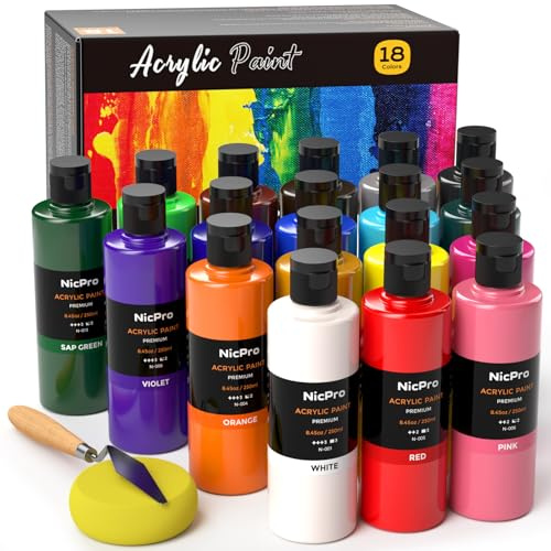 Nicpro Acrylfarben Set 18 x 250 ml, Große Flasche Acrylfarbe in 18 Farben, Ungiftige Künstler Malfarben, Acrylic Paint für Holz, Stoff, Leder, Pappe, Papier und Handwerk